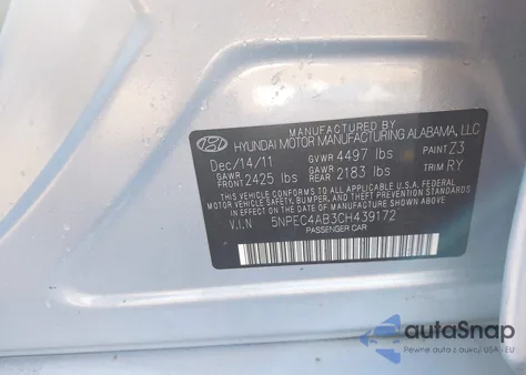 2012 Hyundai Sonata Se 2.0T z USA, uszkodzony, nr VIN 5NPEC4AB3CH439172